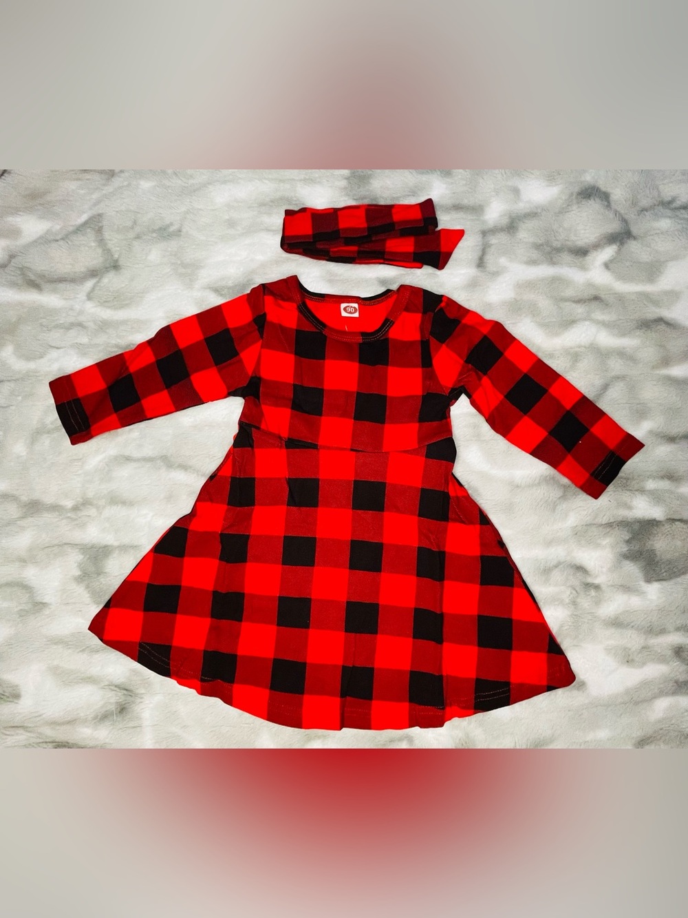PatPat Red and Black Buffalo Plaid Dress with Matching Headband